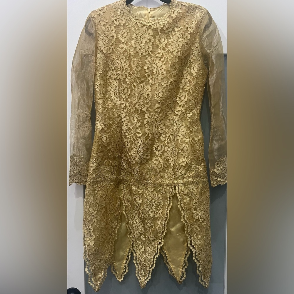 PETER LAI Women’s Mesh Mini Dress Long Sleeve GOLD Size M